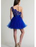 Royal Blue Tulle Lace One Shoulder Knee Length Prom Dress